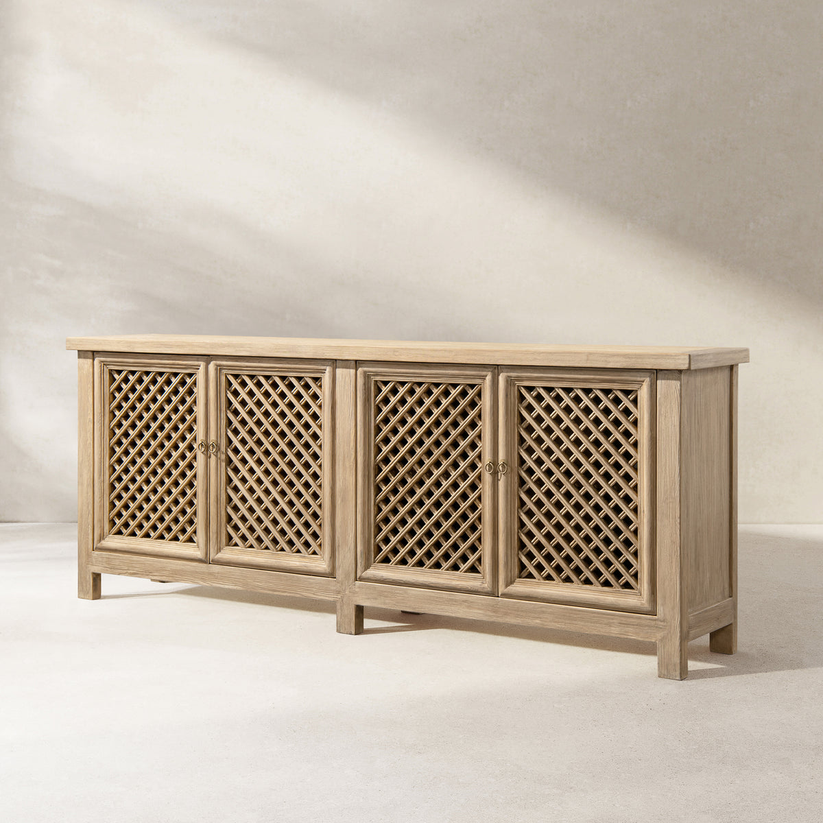 Arden 97" Extra Long 4-Door Reclaimed Pine Lattice Front Sideboard Heritage Light