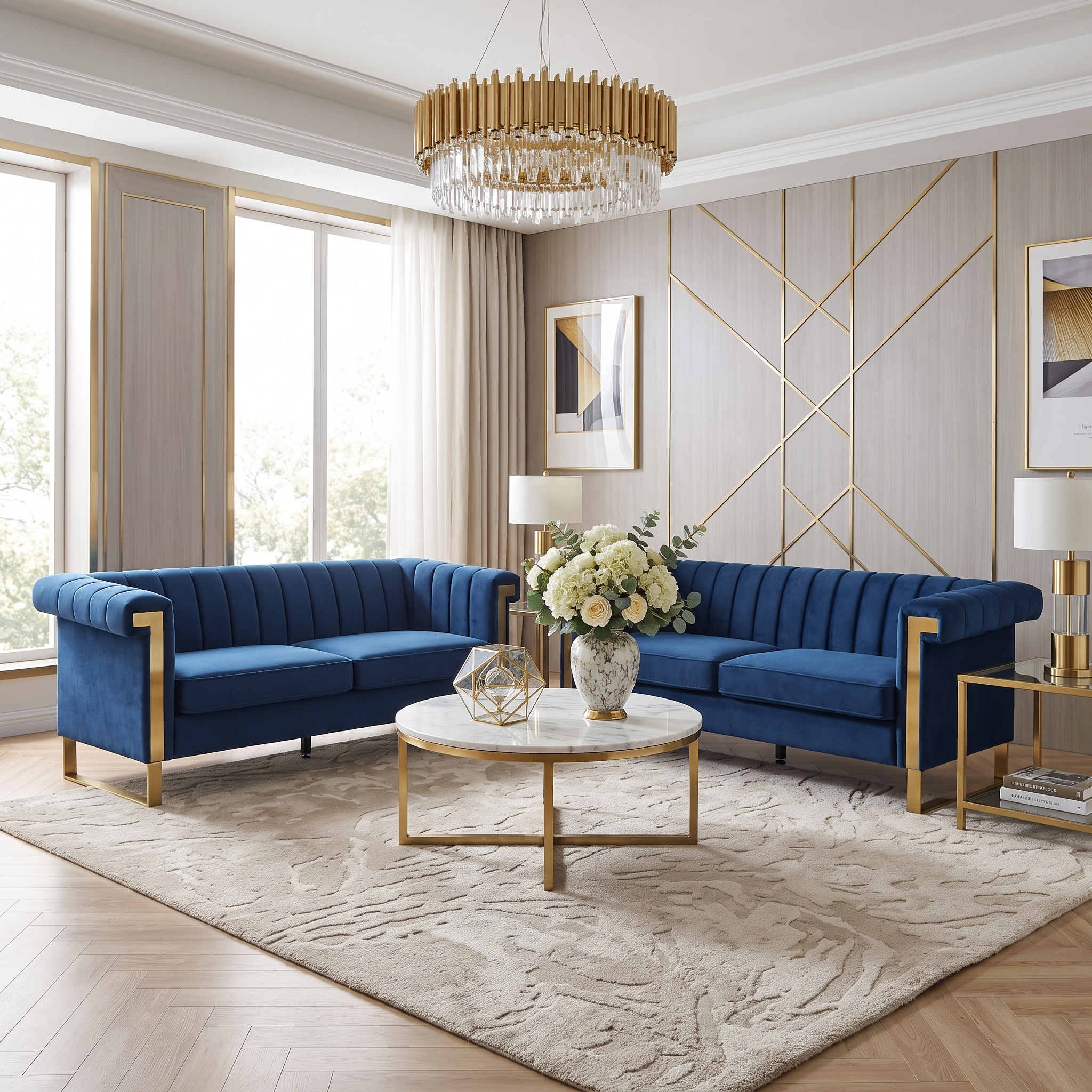 Vintage Blue Velvet 2 Piece Sofa Set