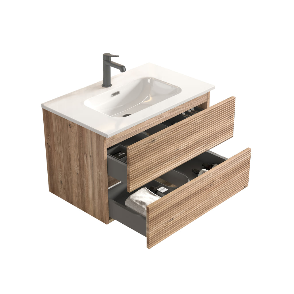 Gloria 30" Wall-Mounted Bathroom Vanity, Rough Oak with Integrated Ceramic Sink