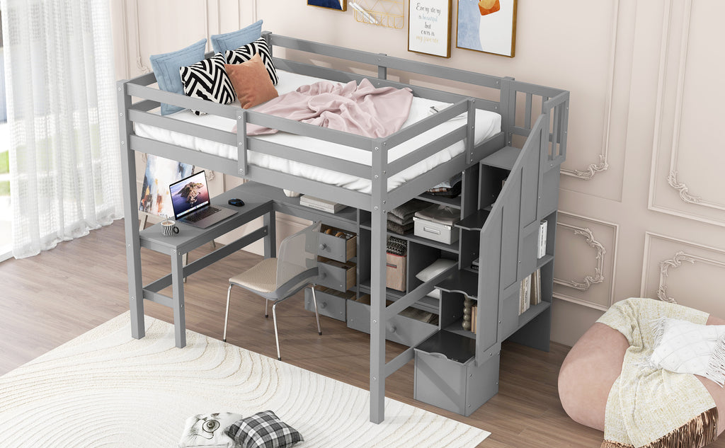 Full Size Loft Bed with L-Shaped Desk and Drawers