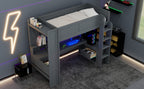 Wood Twin Size Gaming Loft Bed with Desk, Multi-storage Shelves, LED and Charging Station