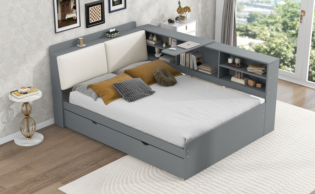 Wood Full Size Platform Bed with Trundle, Shelves and Storage Headboard