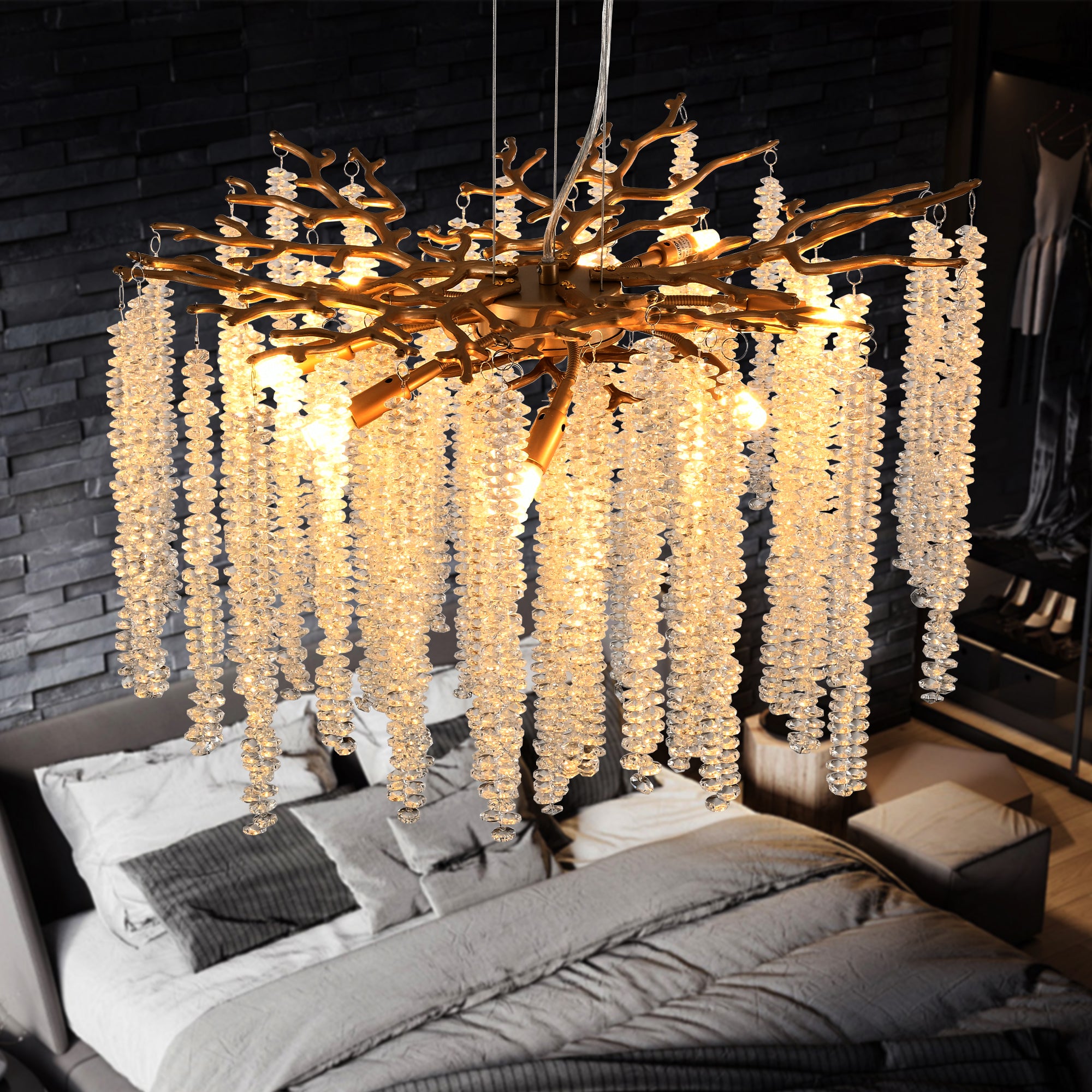 24-Inch Modern Golden Pendant Light with Cascading Crystal Strands