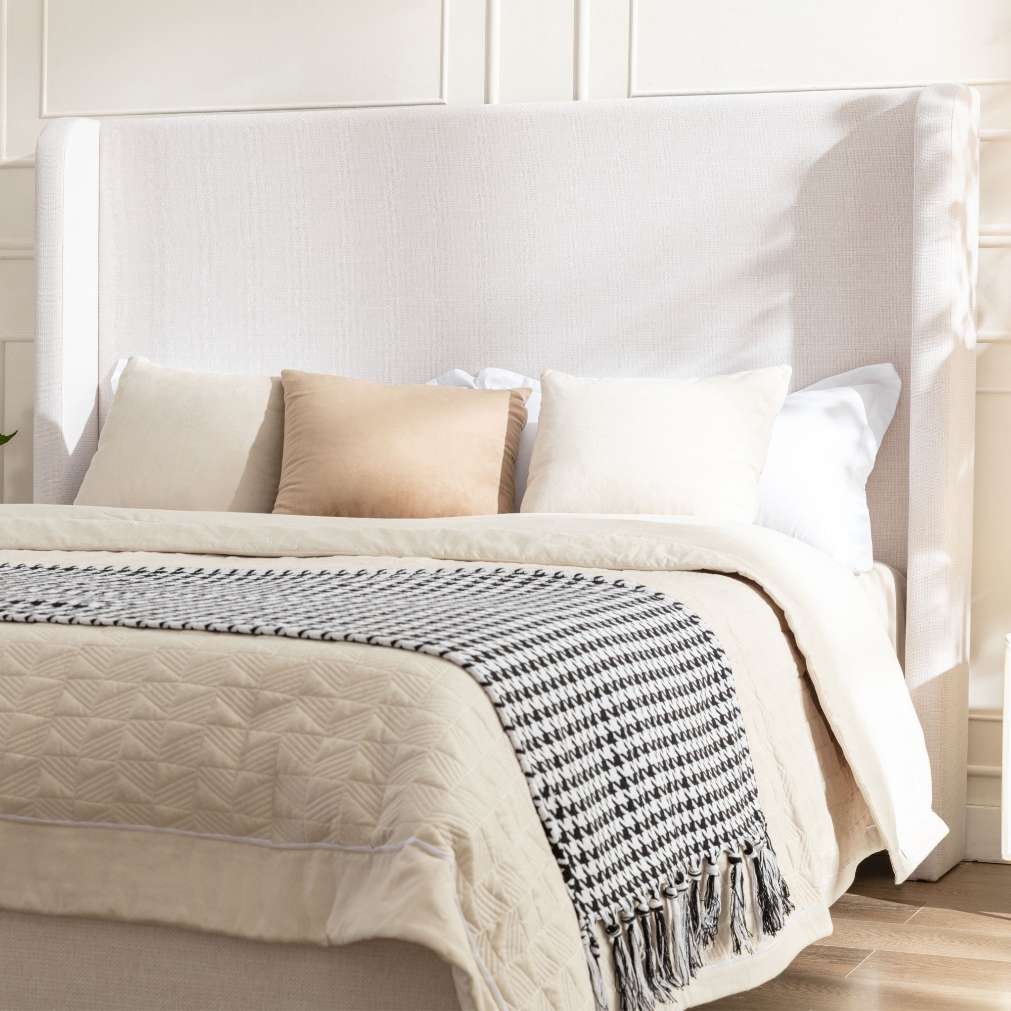 Hayden King Size Upholstered Wingback Bed with Textured Ivory Canvas and Tall 54' Headboard