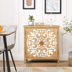 Rustic Wooden Accent Cabinet with Floral Carved Doors
