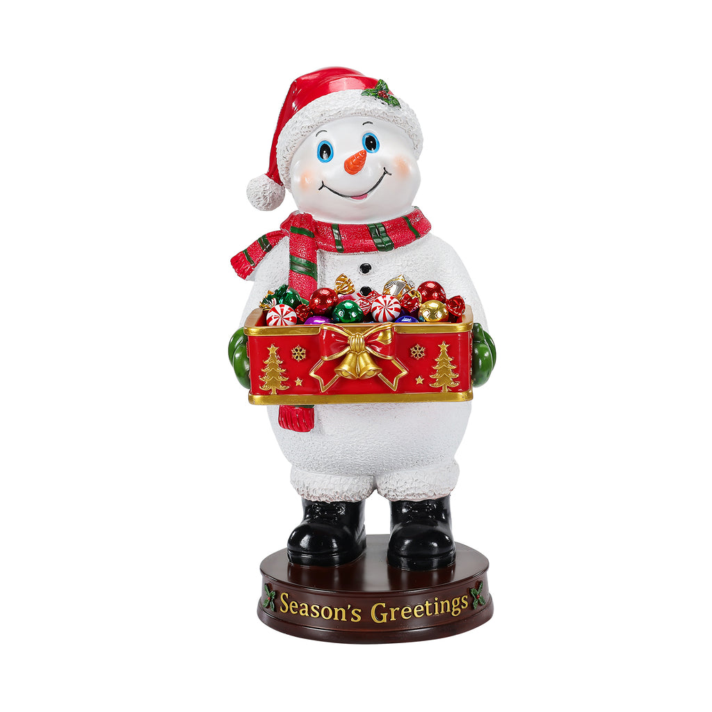 Festive Christmas Snowman Statue with Storage Tray, White Resin, 18.5-Inch
