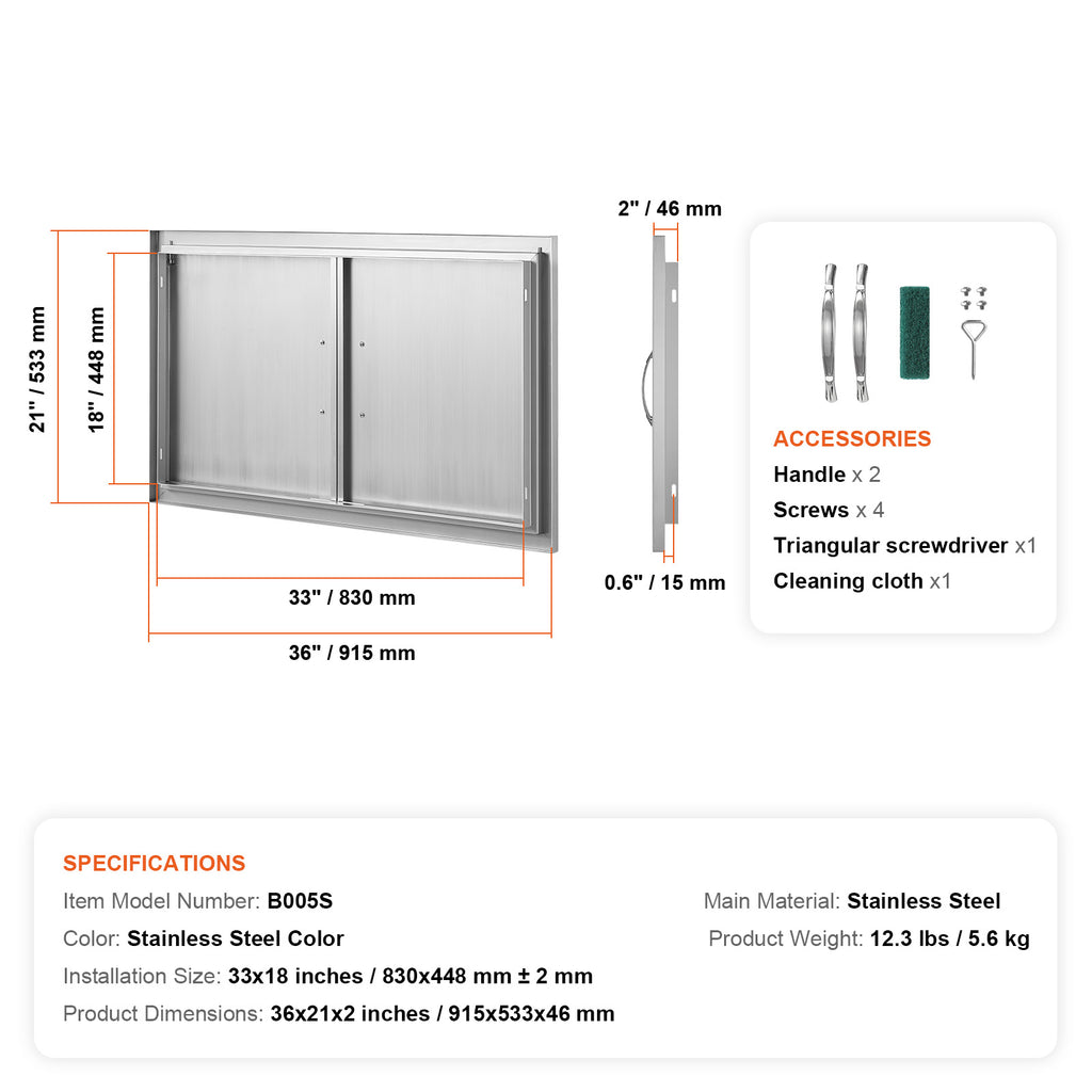 BBQ Access Door, 36W x 21H Inch Double Outdoor Kitchen Door