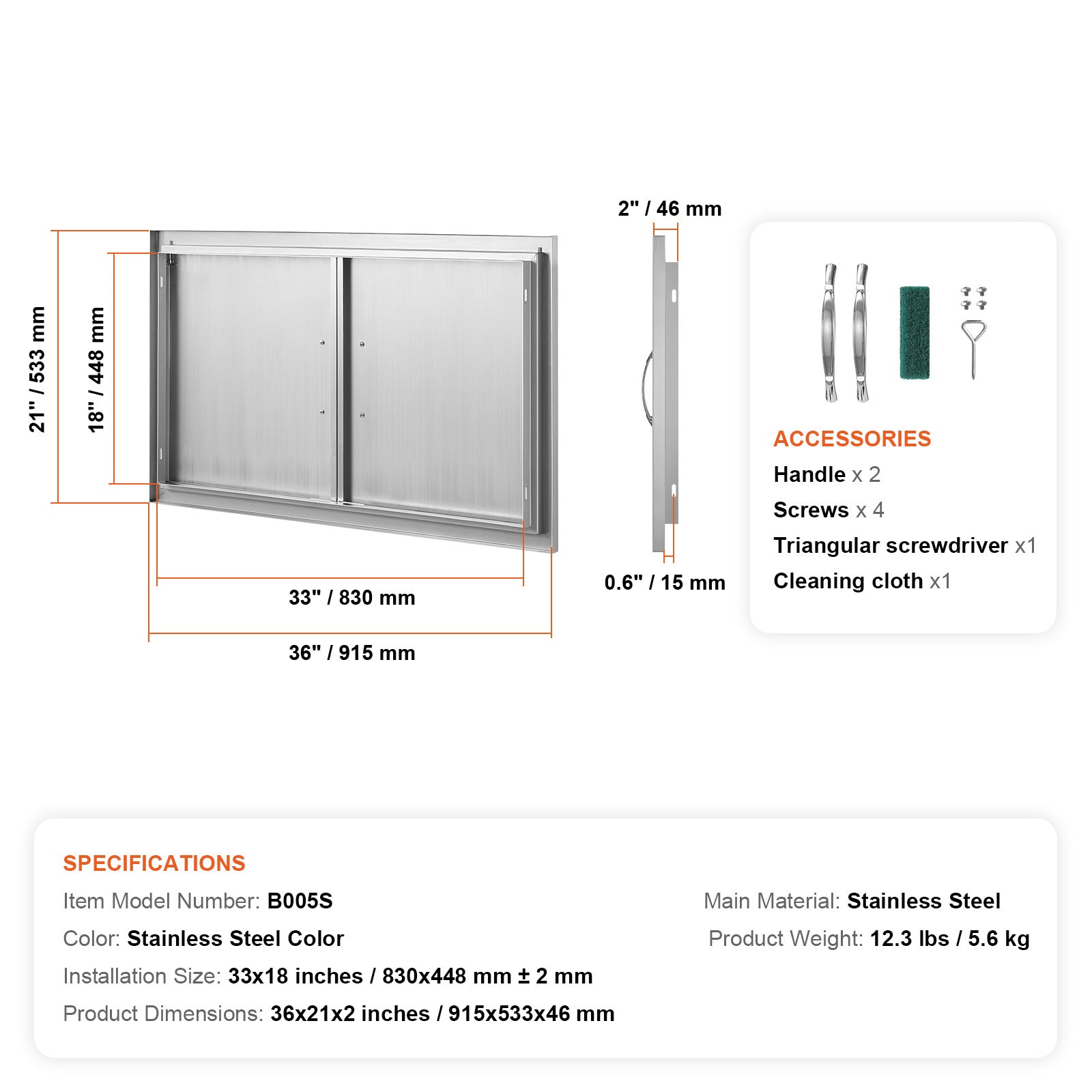 BBQ Access Door, 36W x 21H Inch Double Outdoor Kitchen Door