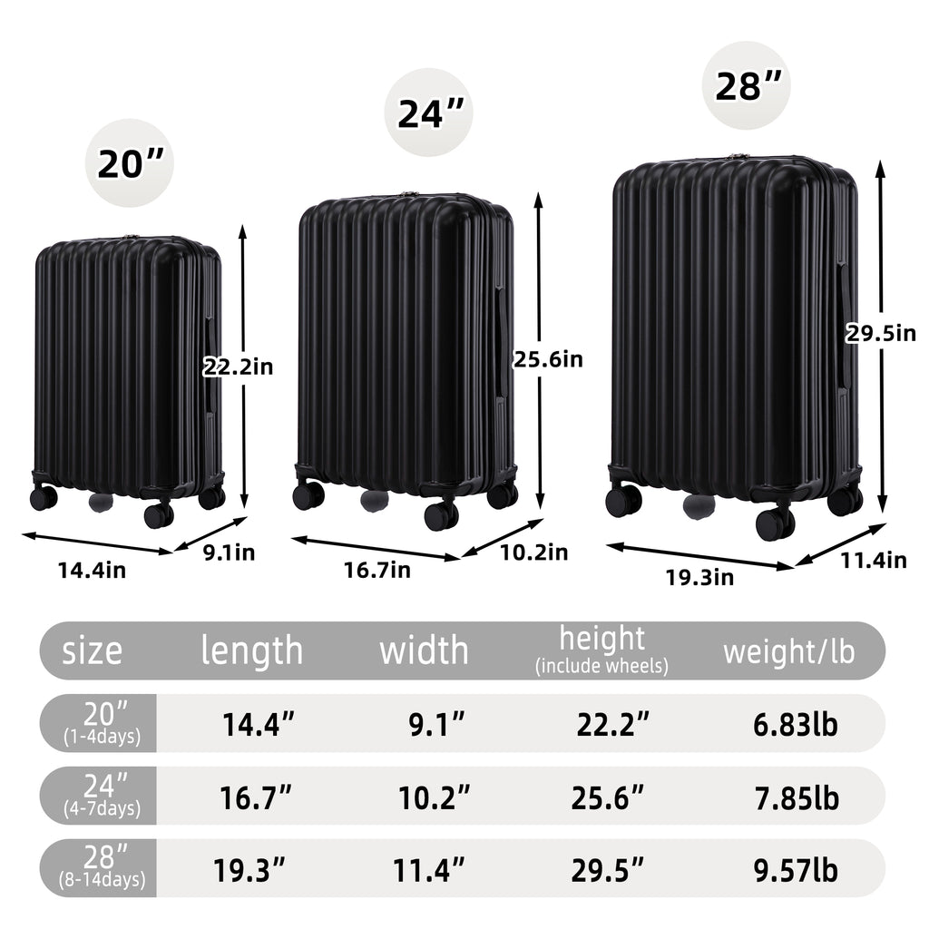 3 Piece ABS Spinner Wheel Luggage Set in Black