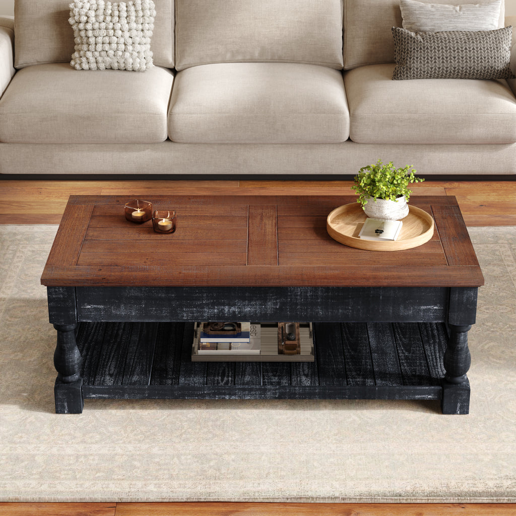 Retro Lift-Top Coffee Table with Hidden Storage and Lower Shelf, Antique Black
