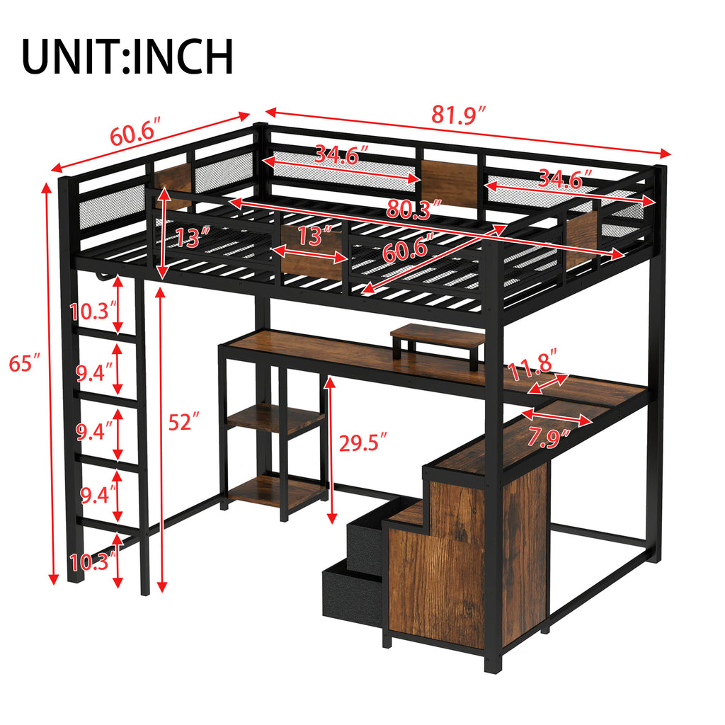 Queen Loft Bed with Desk and Storage
