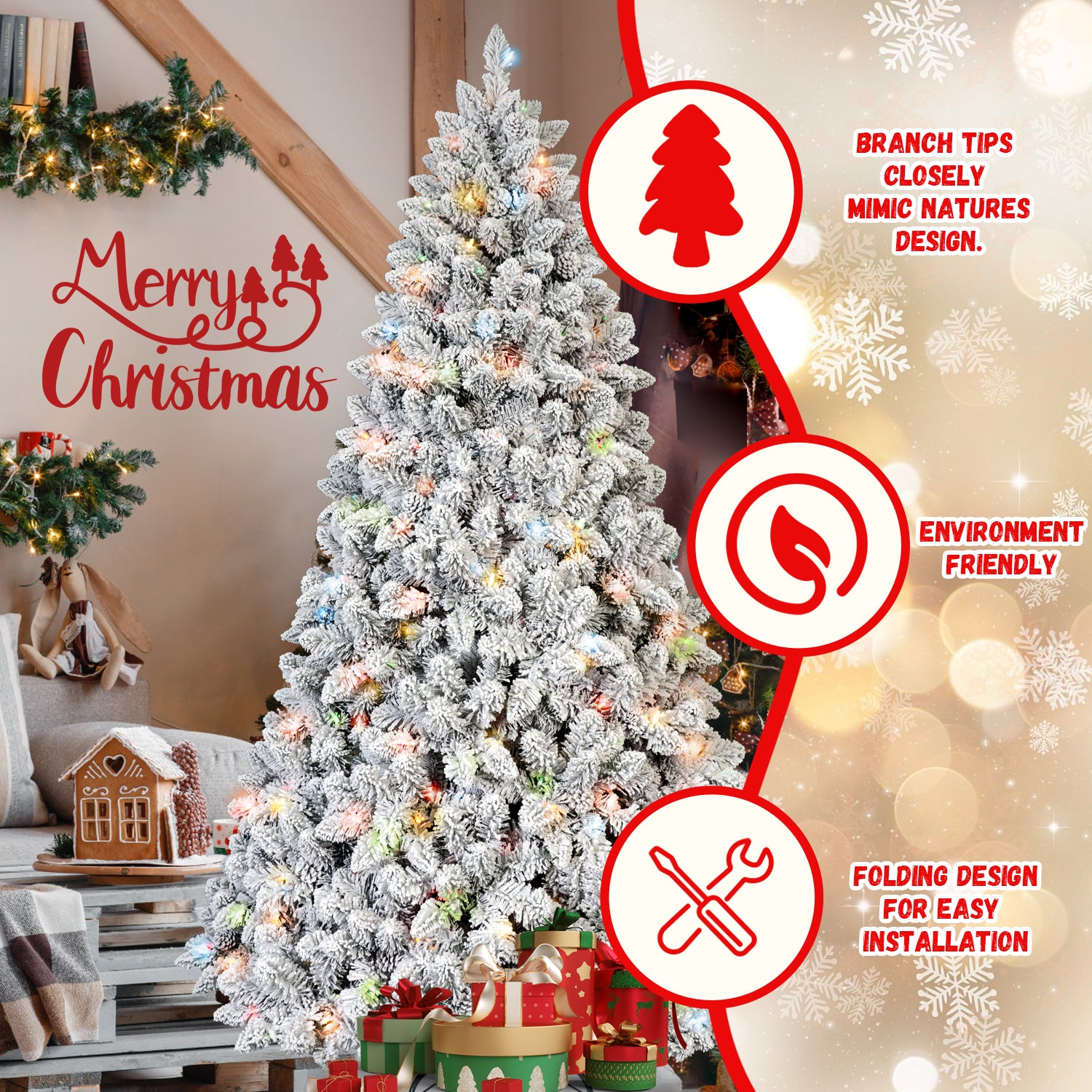 4FT Flocked Christmas Tree with 150 Colorful UL Lights and 21 Pine Cones