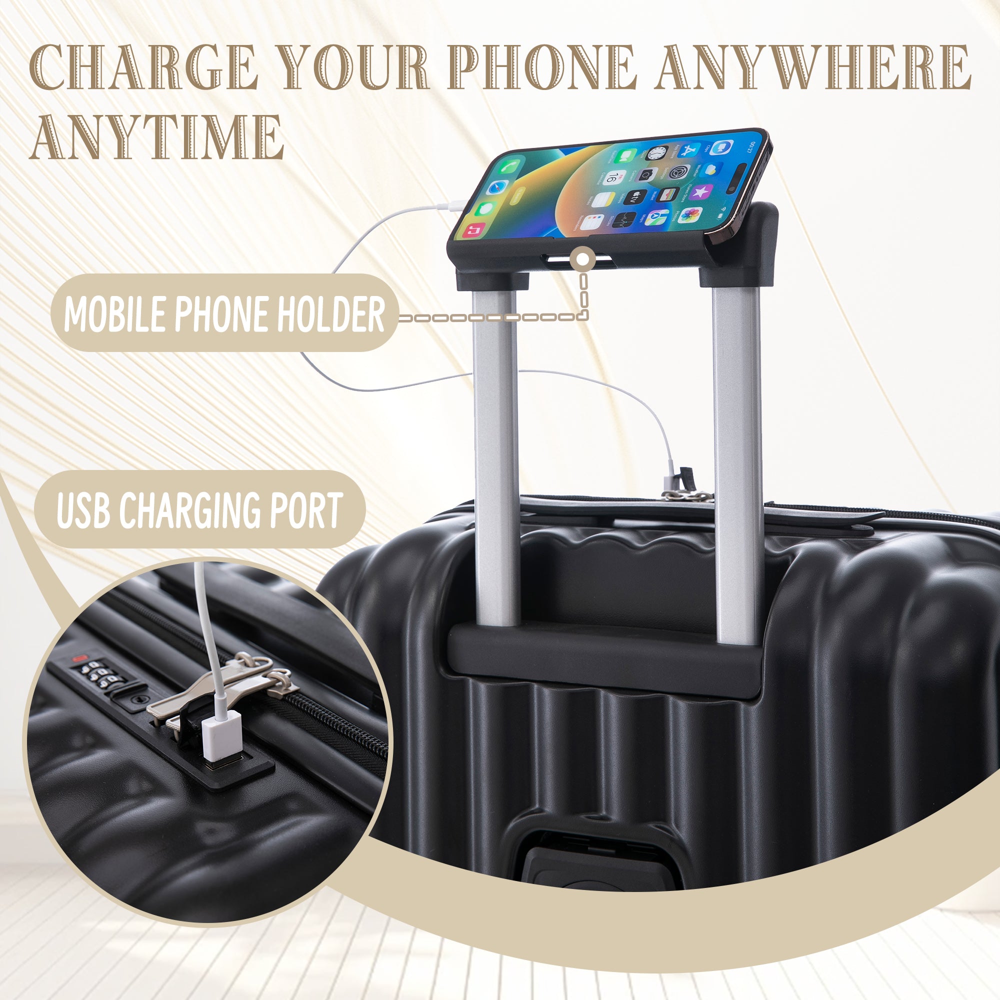 3 Piece ABS Spinner Wheel Luggage Set in Black