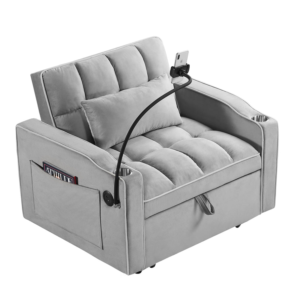 Convertible Sleeper Chair Sofa Bed, Grey Velvet, 42-Inch, 3-in-1