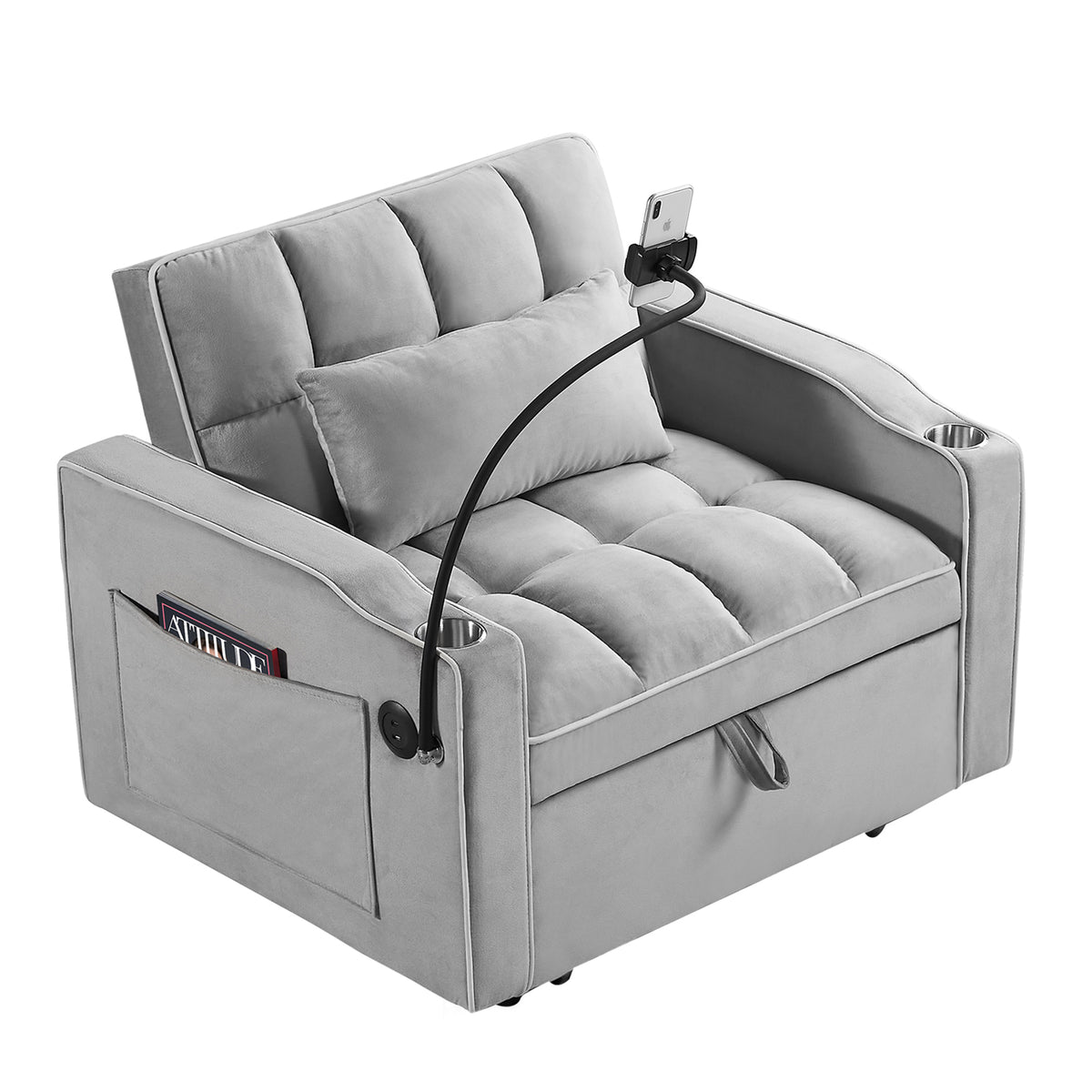 Convertible Sleeper Chair Sofa Bed, Grey Velvet, 42-Inch, 3-in-1
