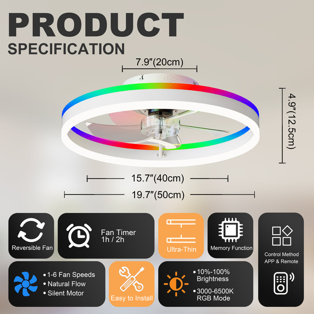 19.7" RGB Flush Mount Ceiling Fan with Light