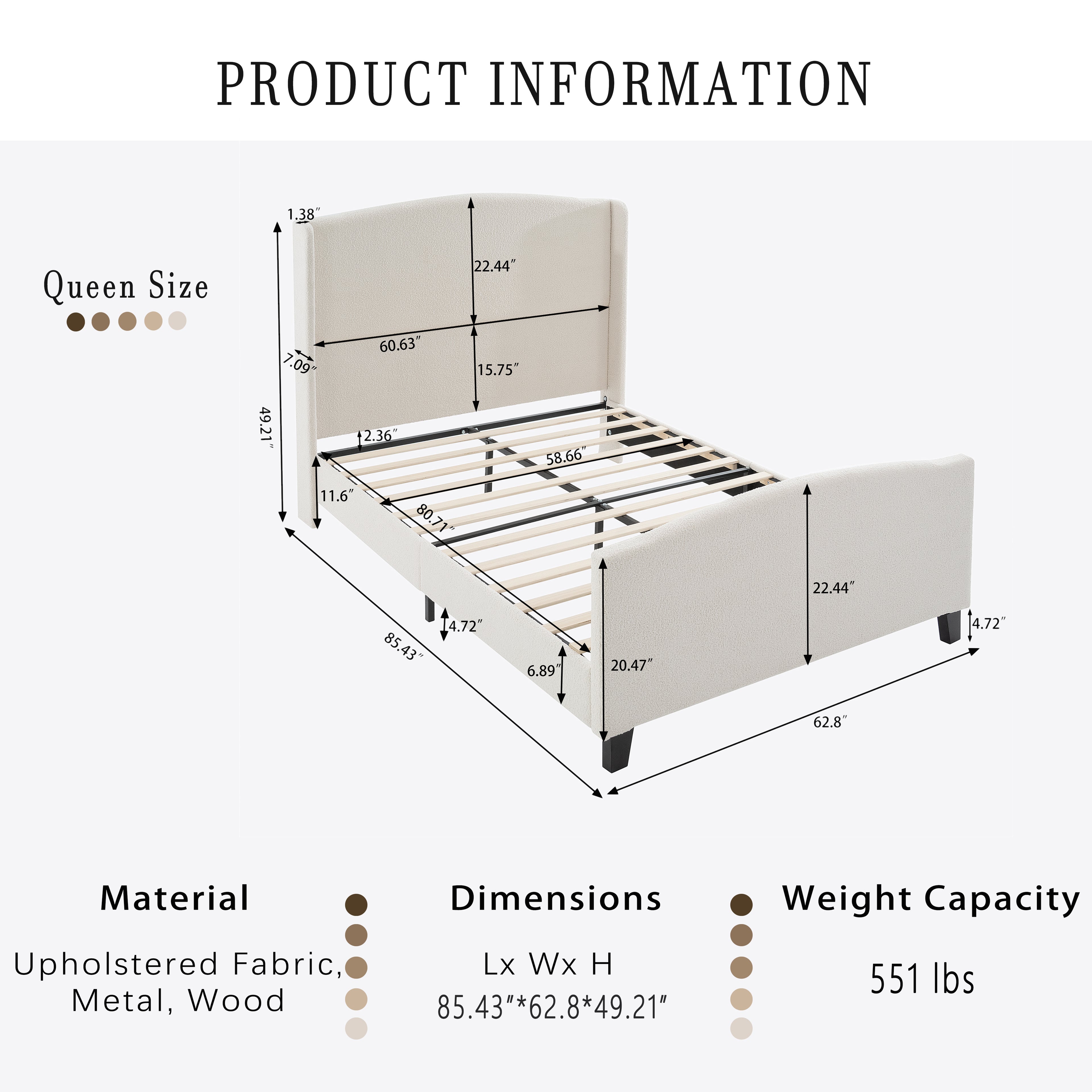 Queen Size Bed Frame with Upholstered Headboard