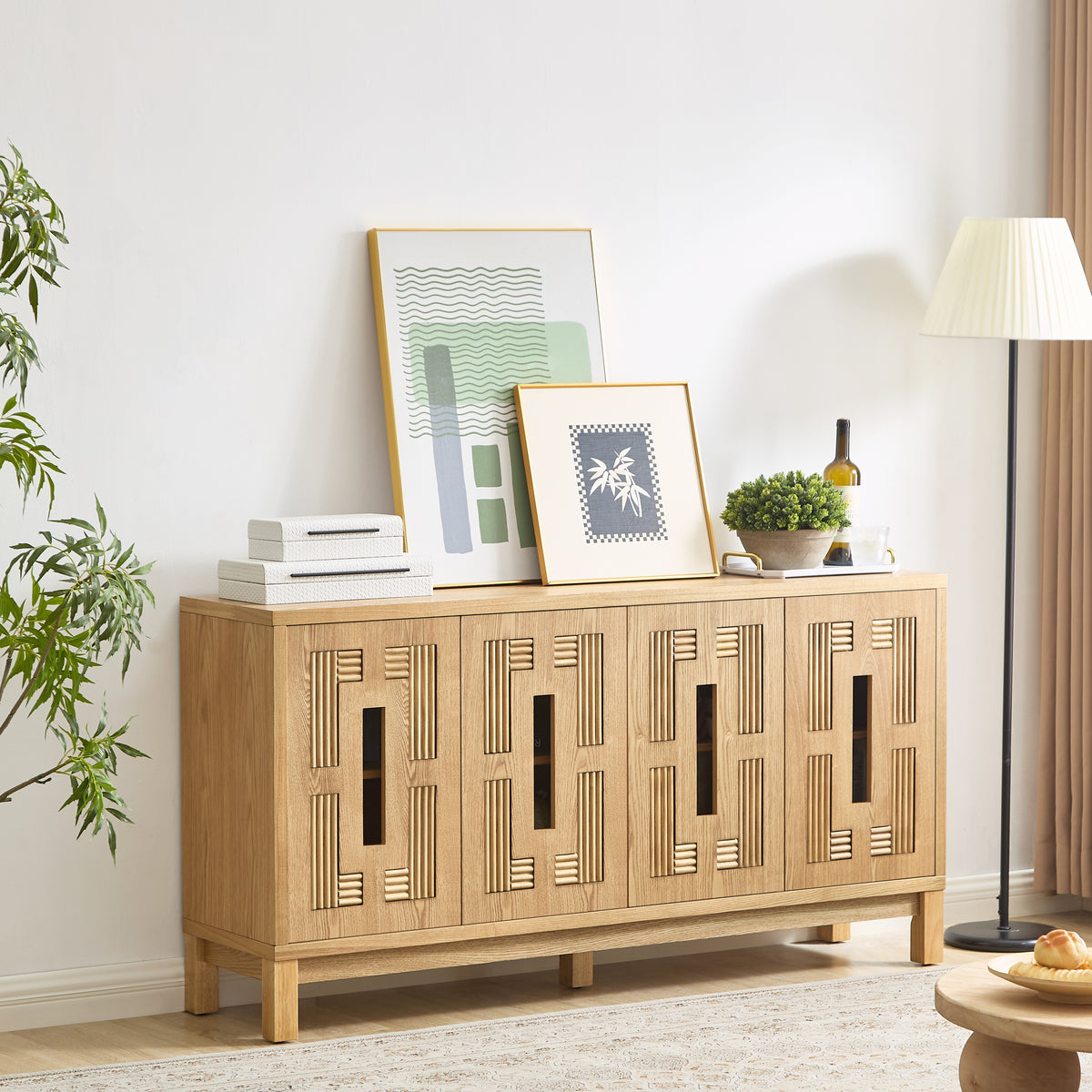 Mid Century Modern Sideboard Buffet Cabinet, 60.7-Inch, 4 Doors with Carved Design, Natural Wood
