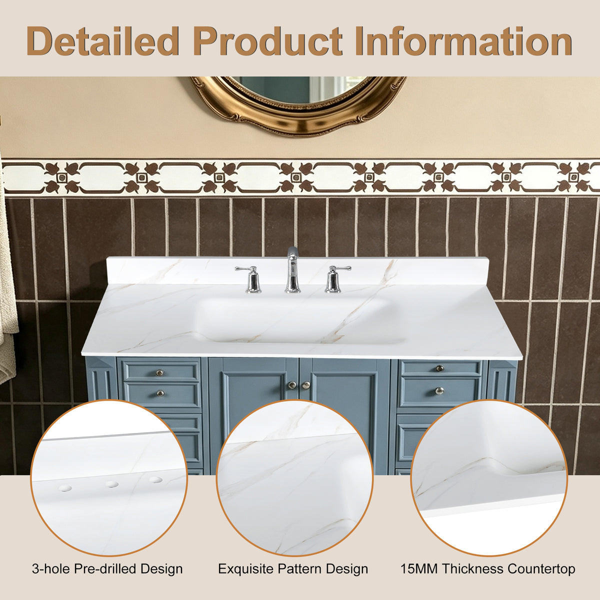 43-Inch Sintered Stone Vanity Top with Integrated Sink, Calacatta Gold