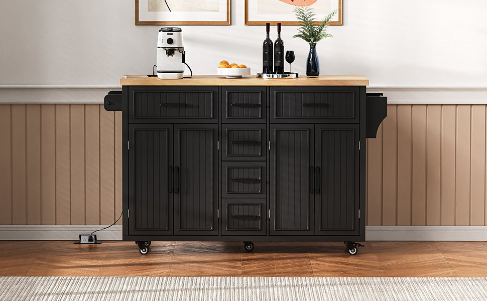 K&K 56.5'' Kitchen Island with Drop Leaf and Power Outlet