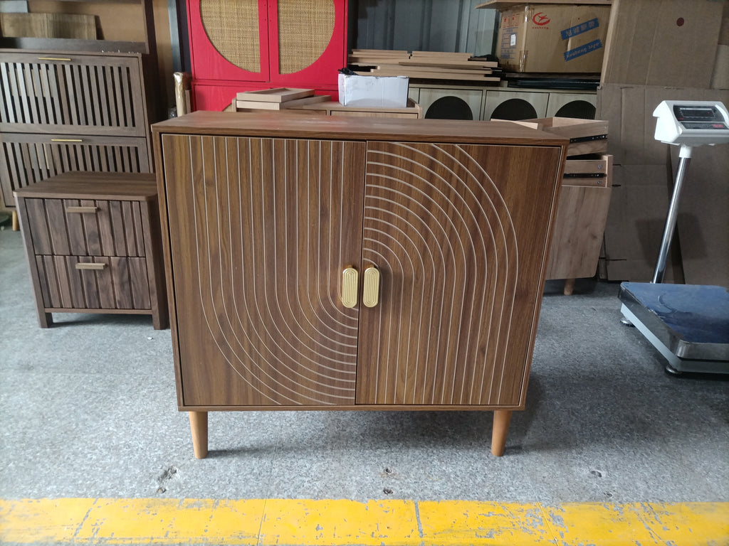 Walnut Wood Buffet Cabinet with Line Groove Design