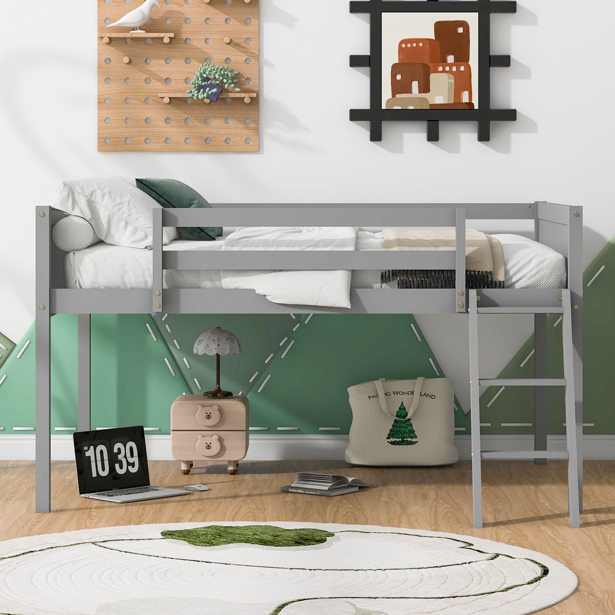 Full Size Wood Low Loft Bed with Ladder