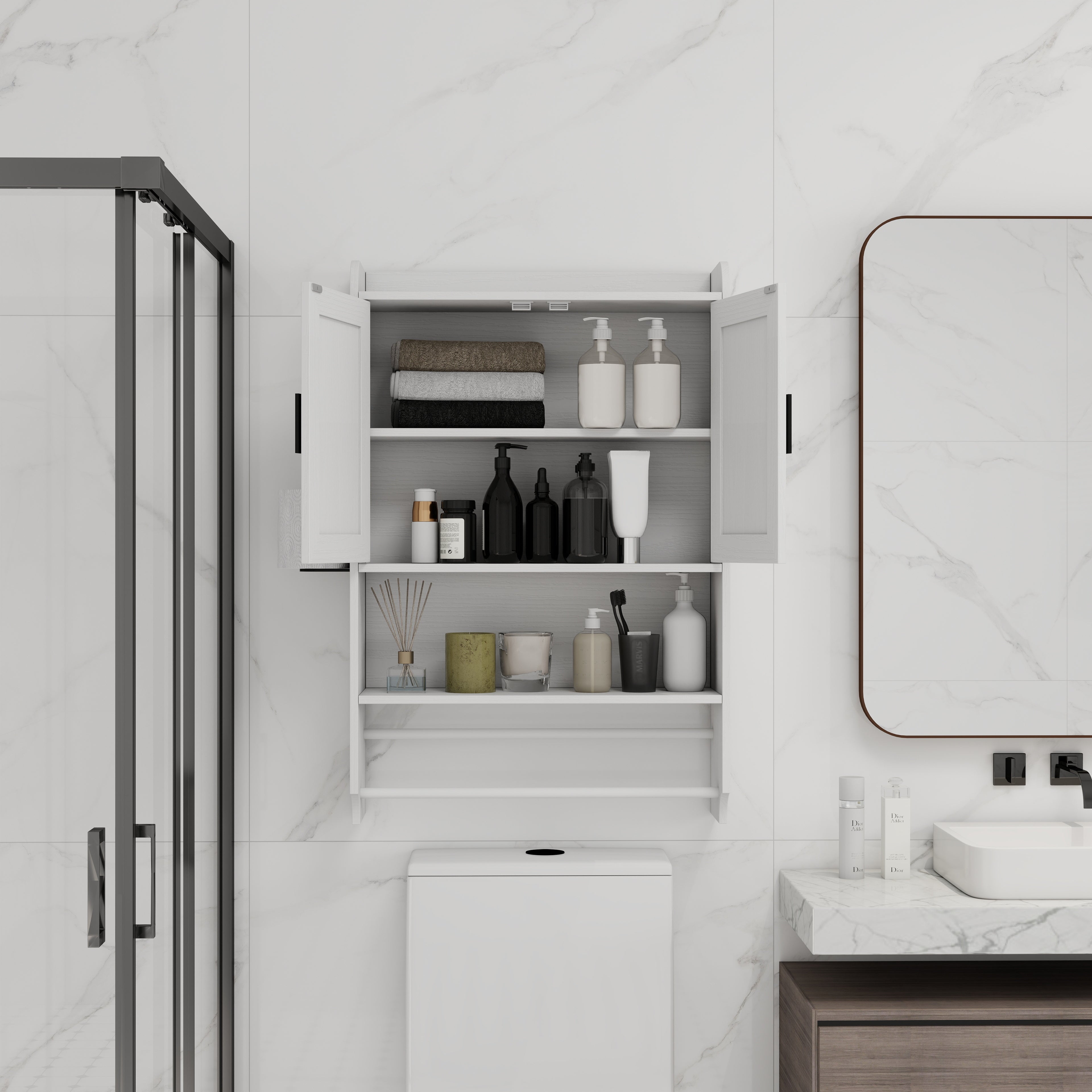 Bathroom Wall Cabinet with Doors, Adjustable Shelf, Towel Bar and Paper Holder