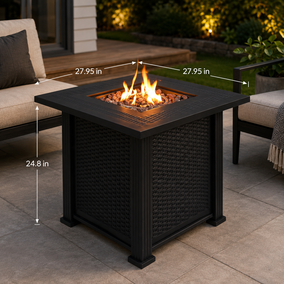 27.95-Inch Modern Outdoor Fire Pit Table with Lava Rocks, Black Steel