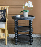 Round Three Tiered Side Table with Rattan Shelf
