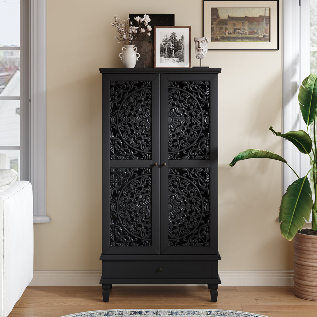 Rustic 55-Inch Tall Storage Cabinet with Drawer, Black