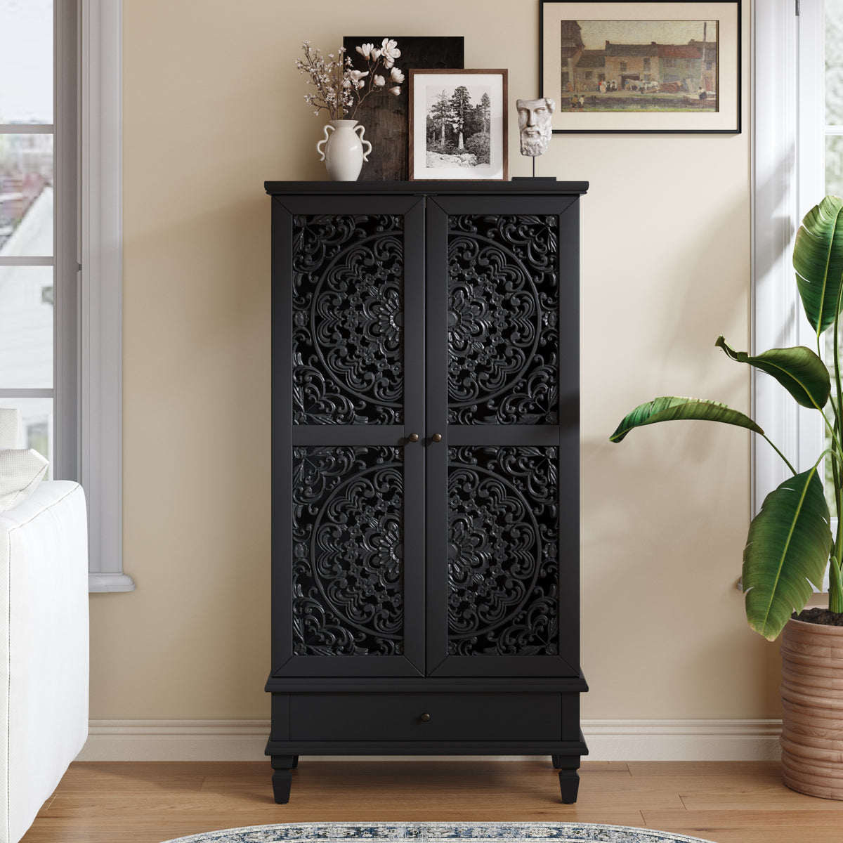 Rustic 55-Inch Tall Storage Cabinet with Drawer, Black