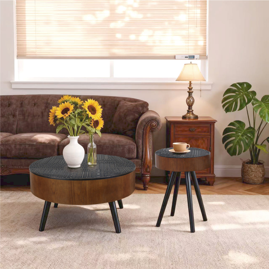 31.5" Round Carved Coffee Table with Storage Space