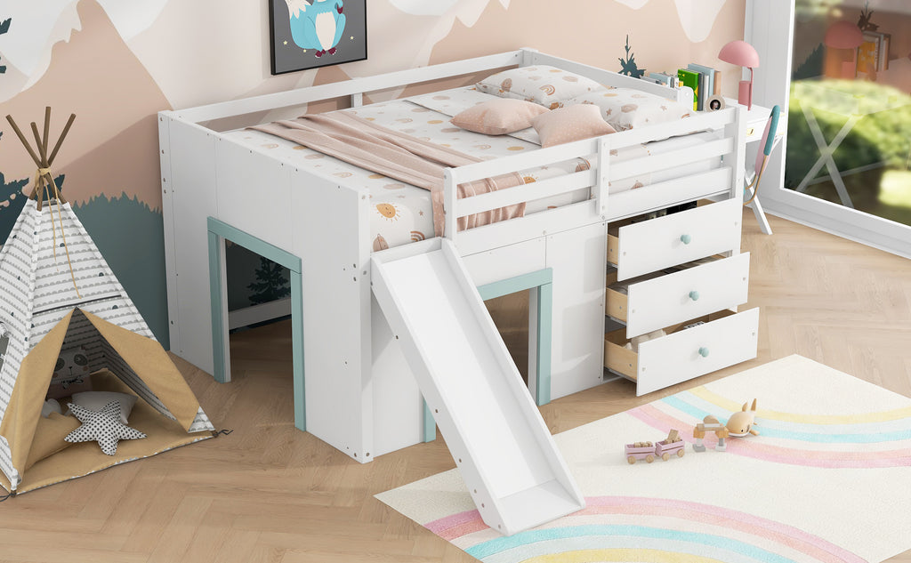 Full Size Low Loft Bed with Slide and Storage Drawers