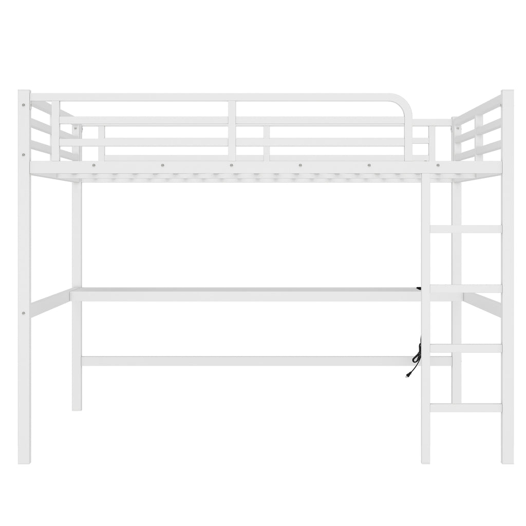 Metal Queen Size Loft Bed with Power Outlet and LED Lighting