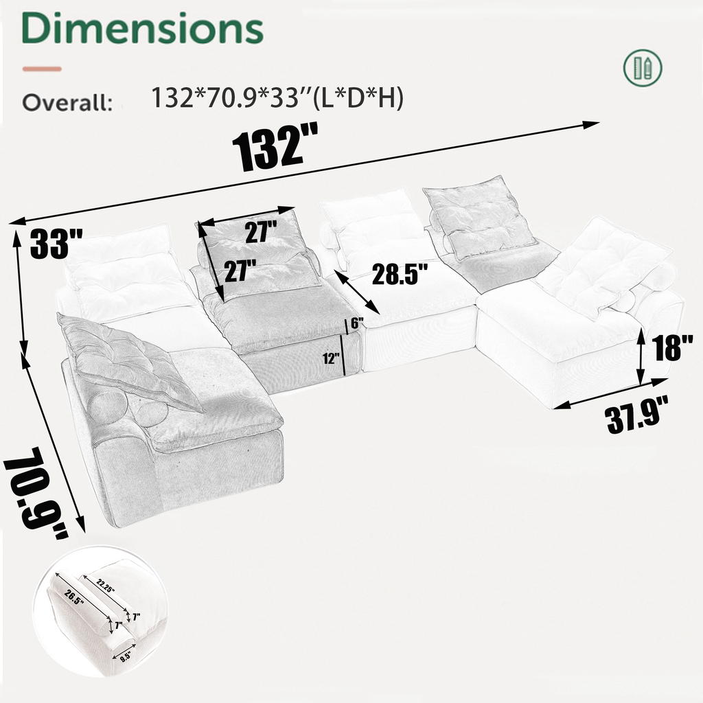 Modular Sofa with Neck and Lumbar Pillows