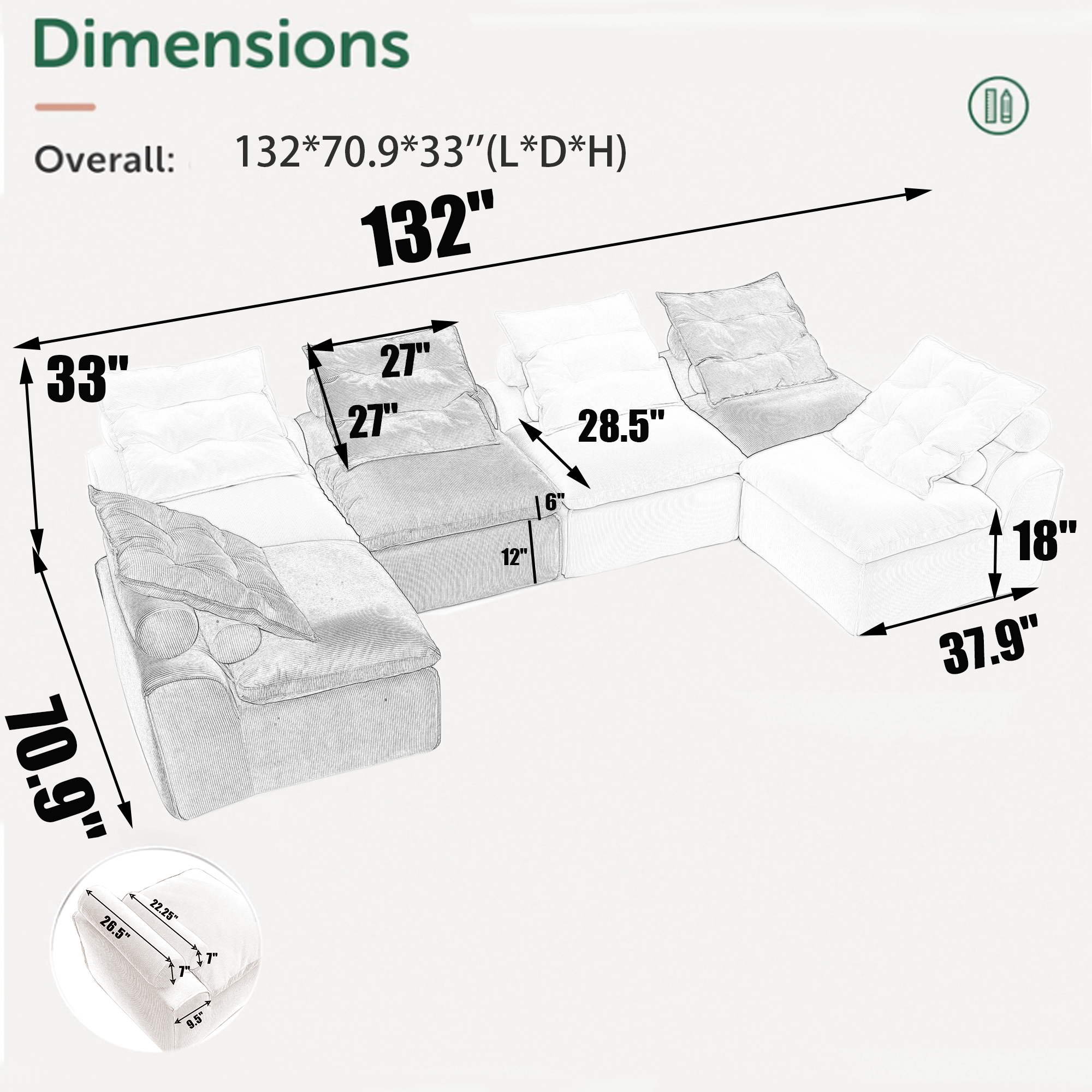 Modular Sofa with Neck and Lumbar Pillows
