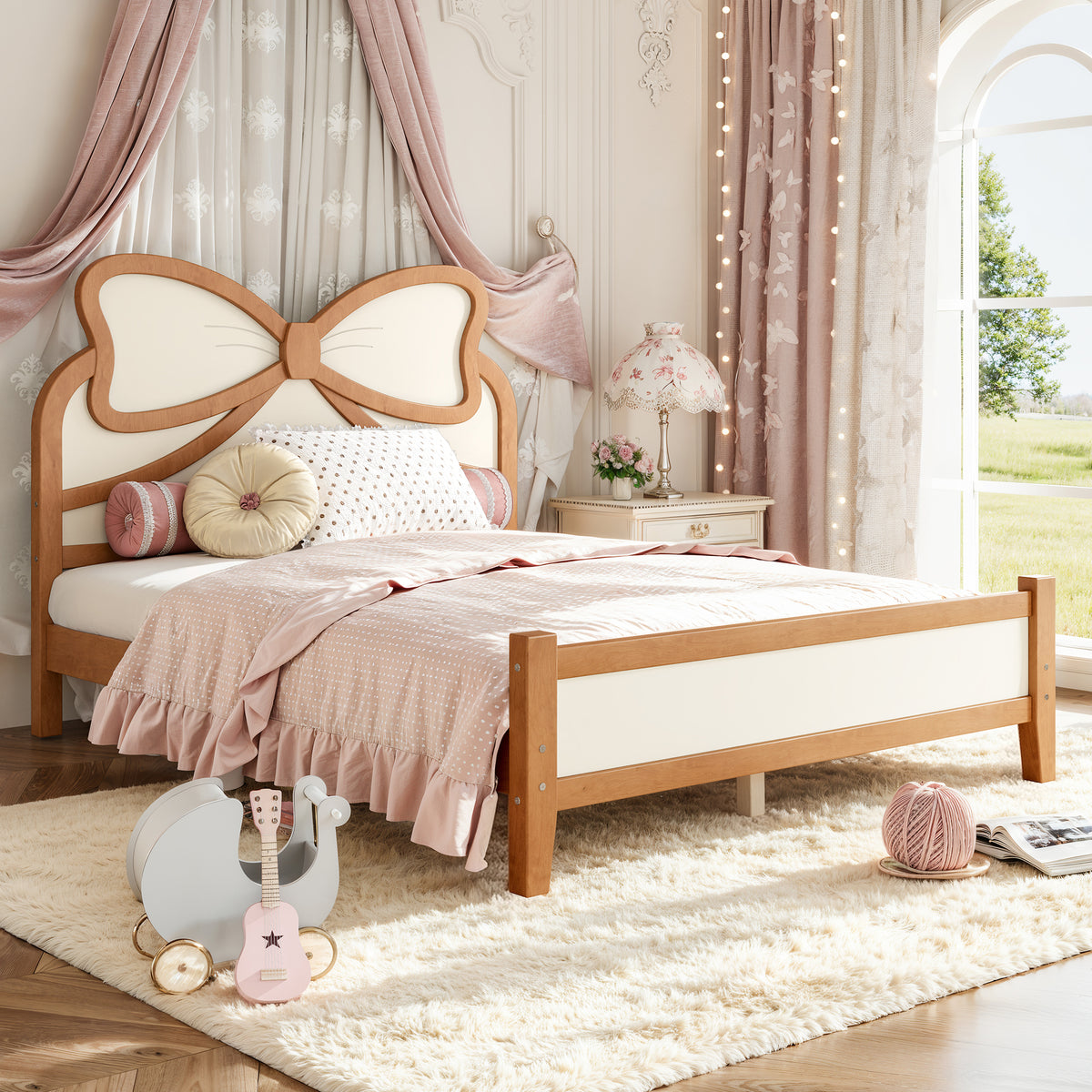 Full Size Wooden Platform Bed with Bow Headboard, Beige and Natural