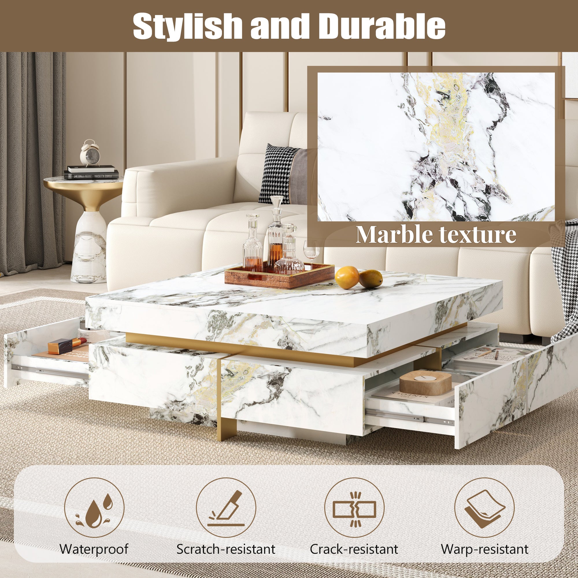 Modern Square Marble Textured Coffee Table with 4 Drawers