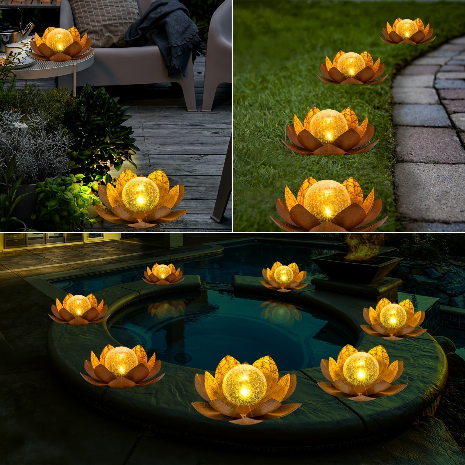Set of 2 Lotus Solar Garden Lights – Waterproof Cracked Glass Outdoor Decor Lamps