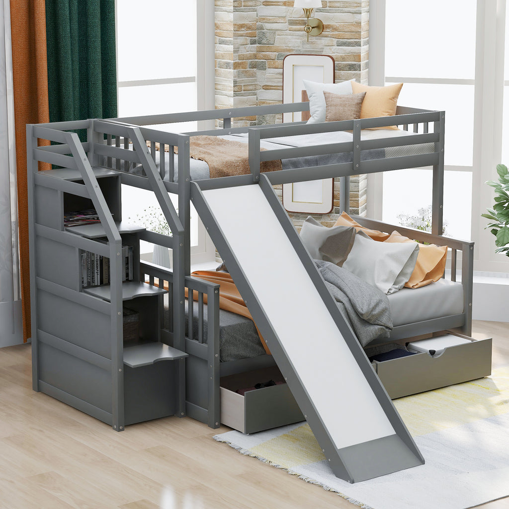 Twin Over Full Bunk Bed with Drawers, Storage and Slide