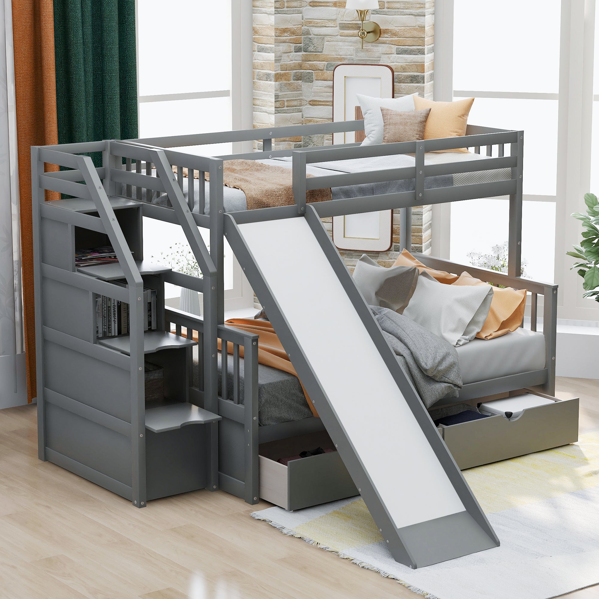 Twin Over Full Bunk Bed with Drawers, Storage and Slide