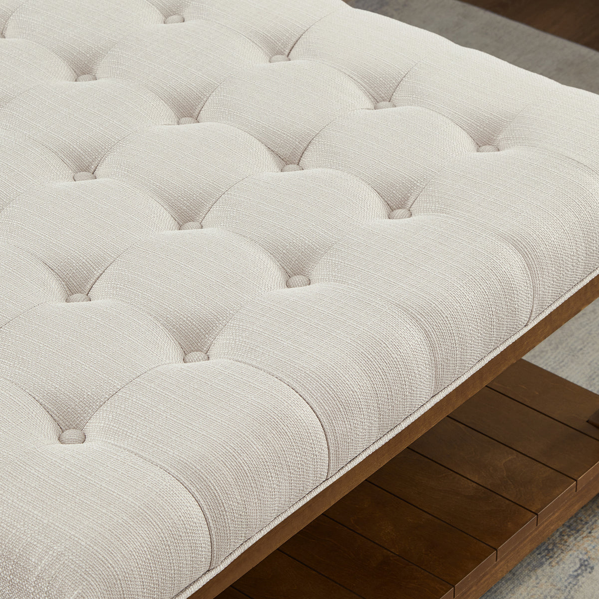 Large Square Upholstered Tufted Linen Ottoman, Ivory