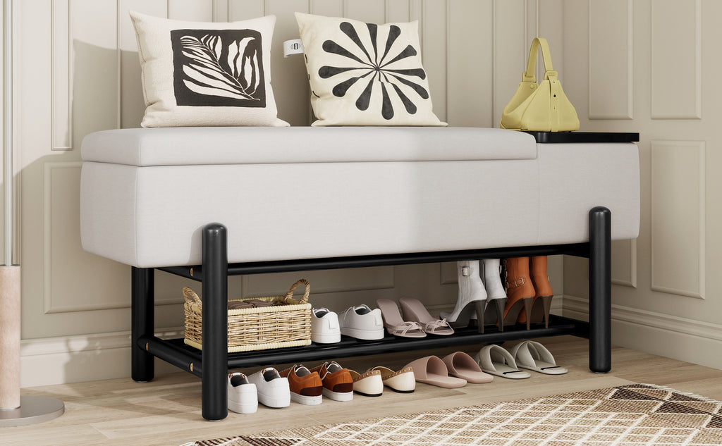 TREXM Farmhouse Upholstered Storage Bench with Hidden Compartment