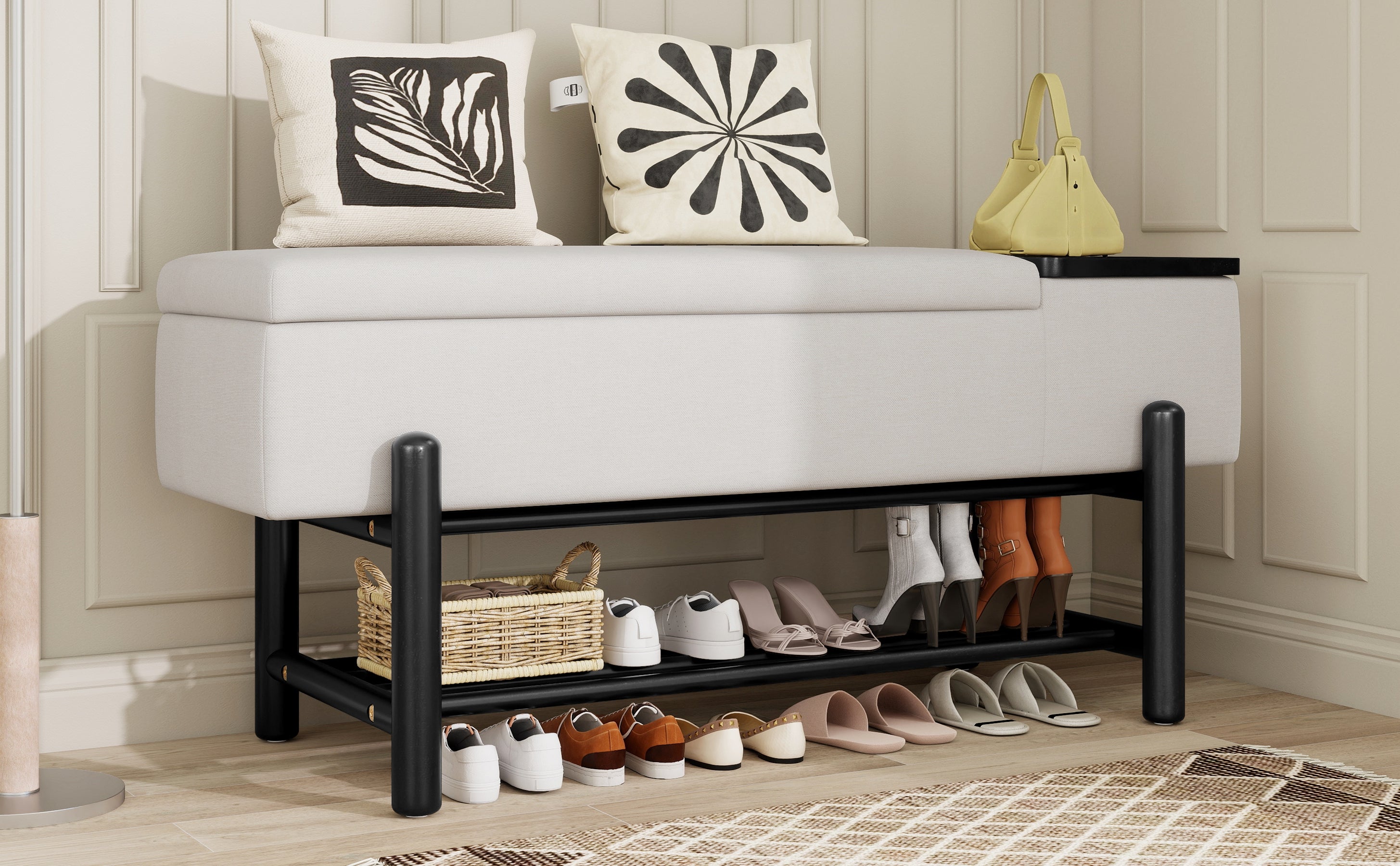 TREXM Farmhouse Upholstered Storage Bench with Hidden Compartment