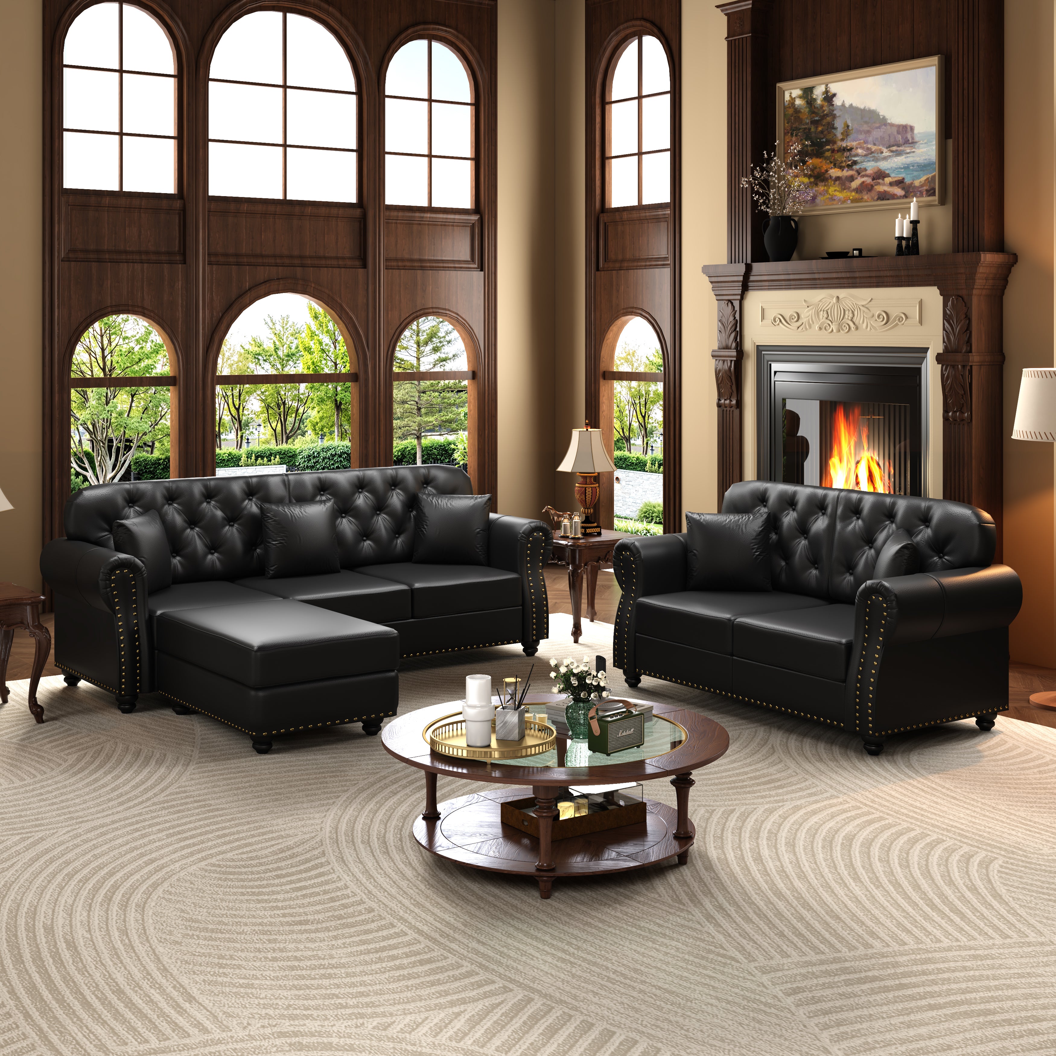 Upholstered Faux Leather Sofa with Nailhead Trim