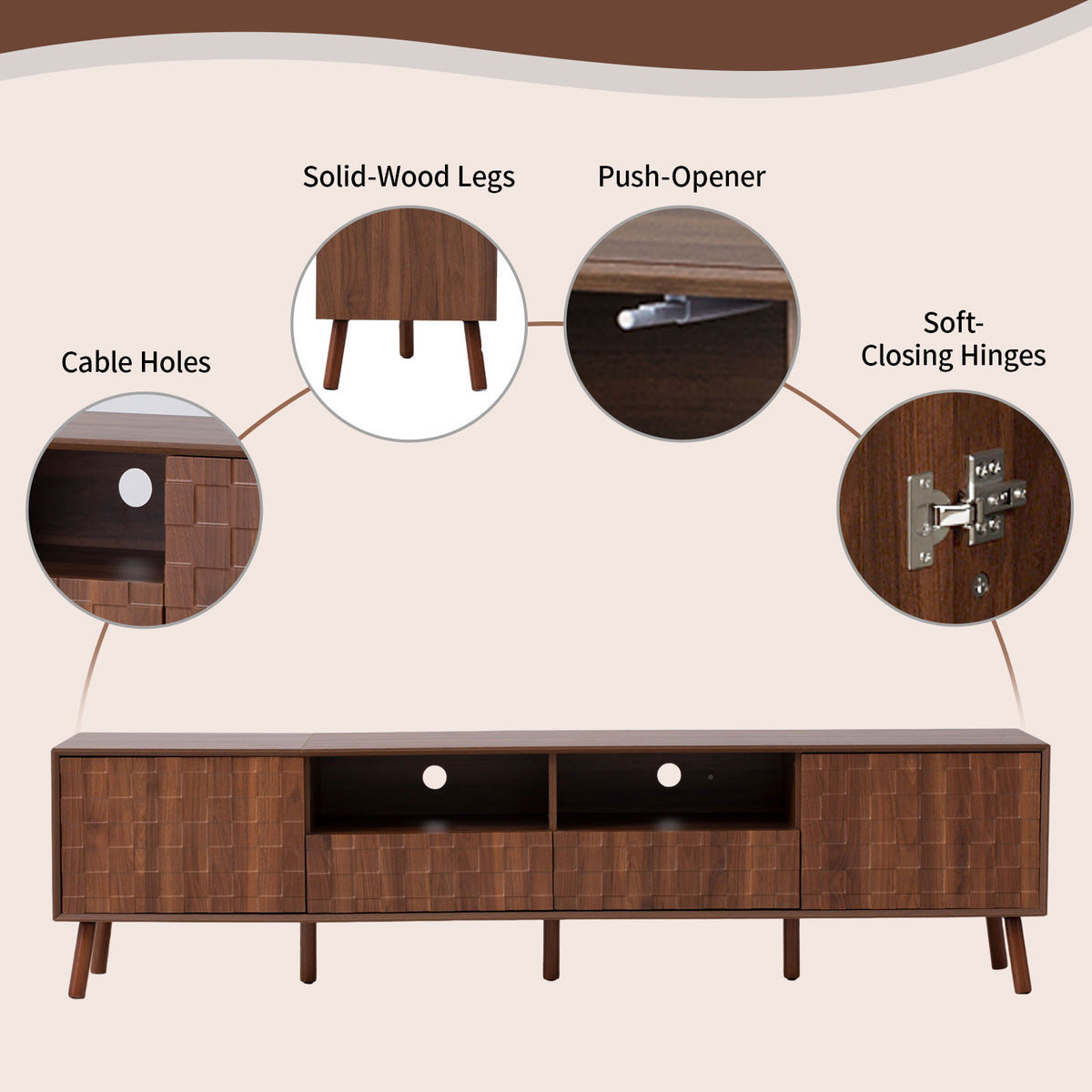 78-Inch Modern TV Stand with Solid Wood Legs, Walnut