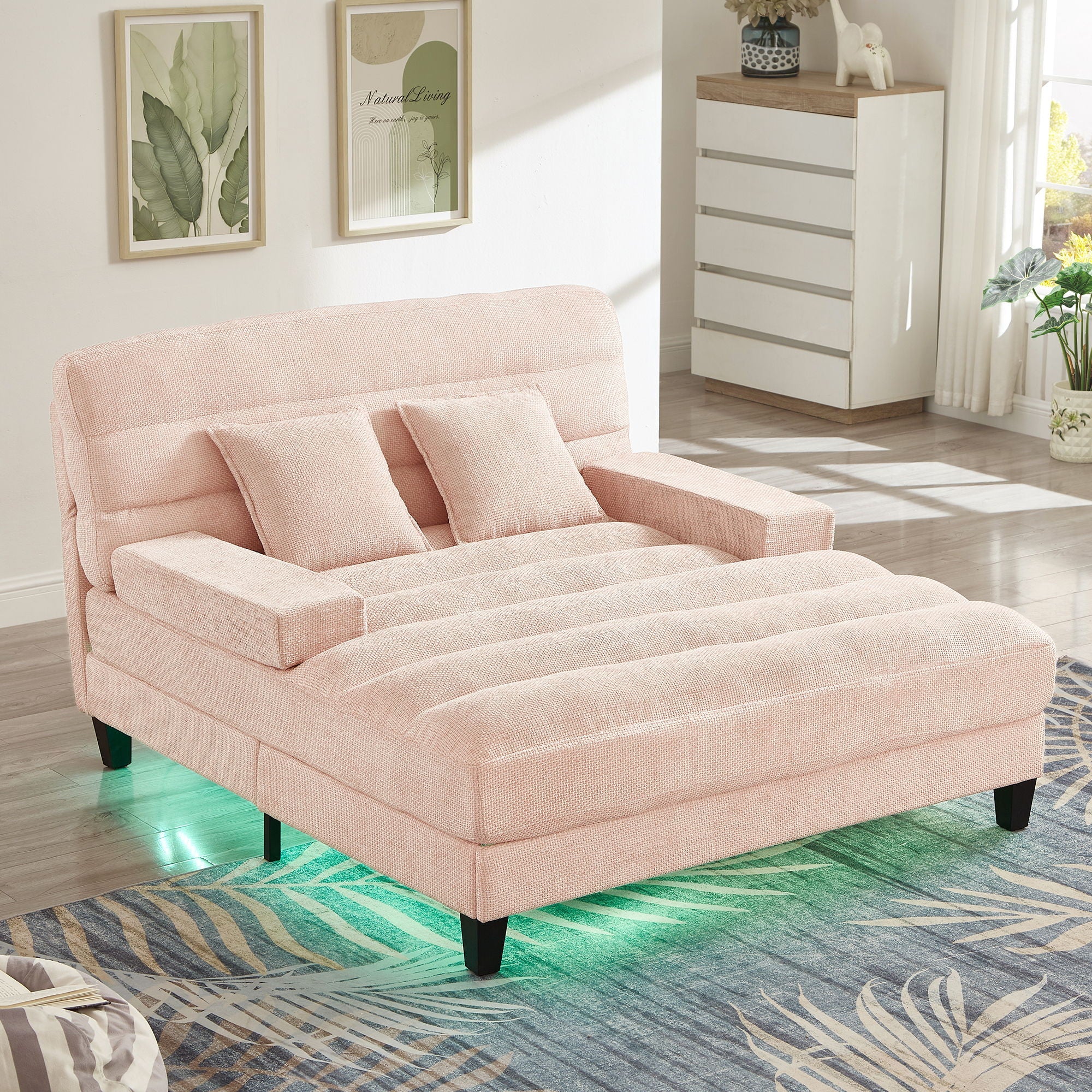 Chaise Bed Lounge Sofa Chair With Adjustable Backrest And LED Light Strip