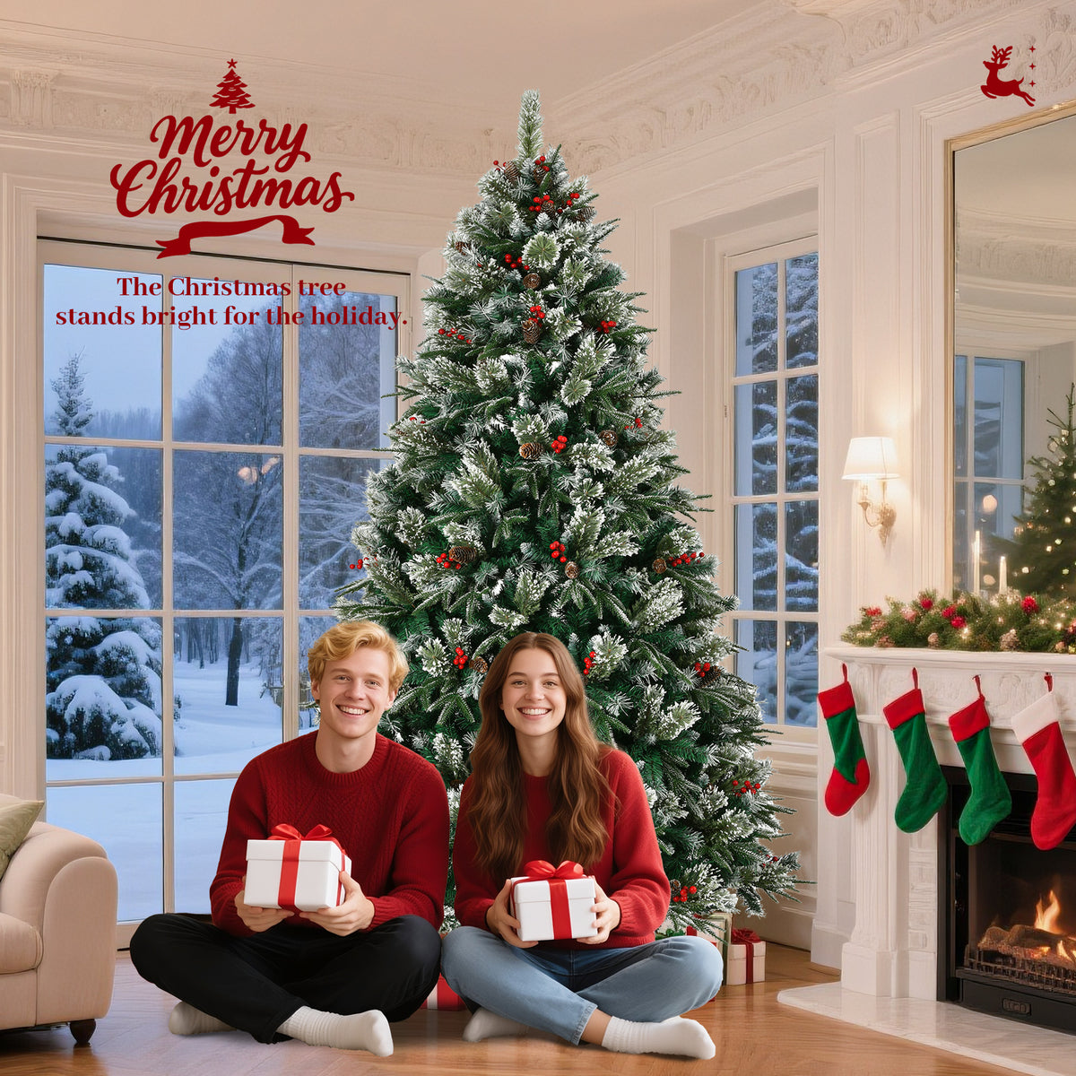 8-Foot Artificial Christmas Tree with Pinecones and Berries, Pre-Decorated, Green