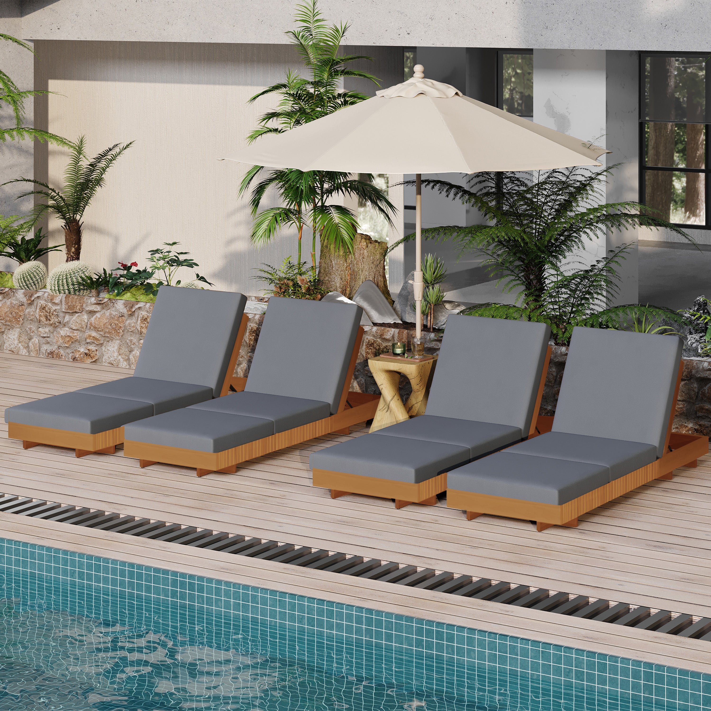 Lounge Chaise Set, Acacia Solid Wood with Lounge Cushion