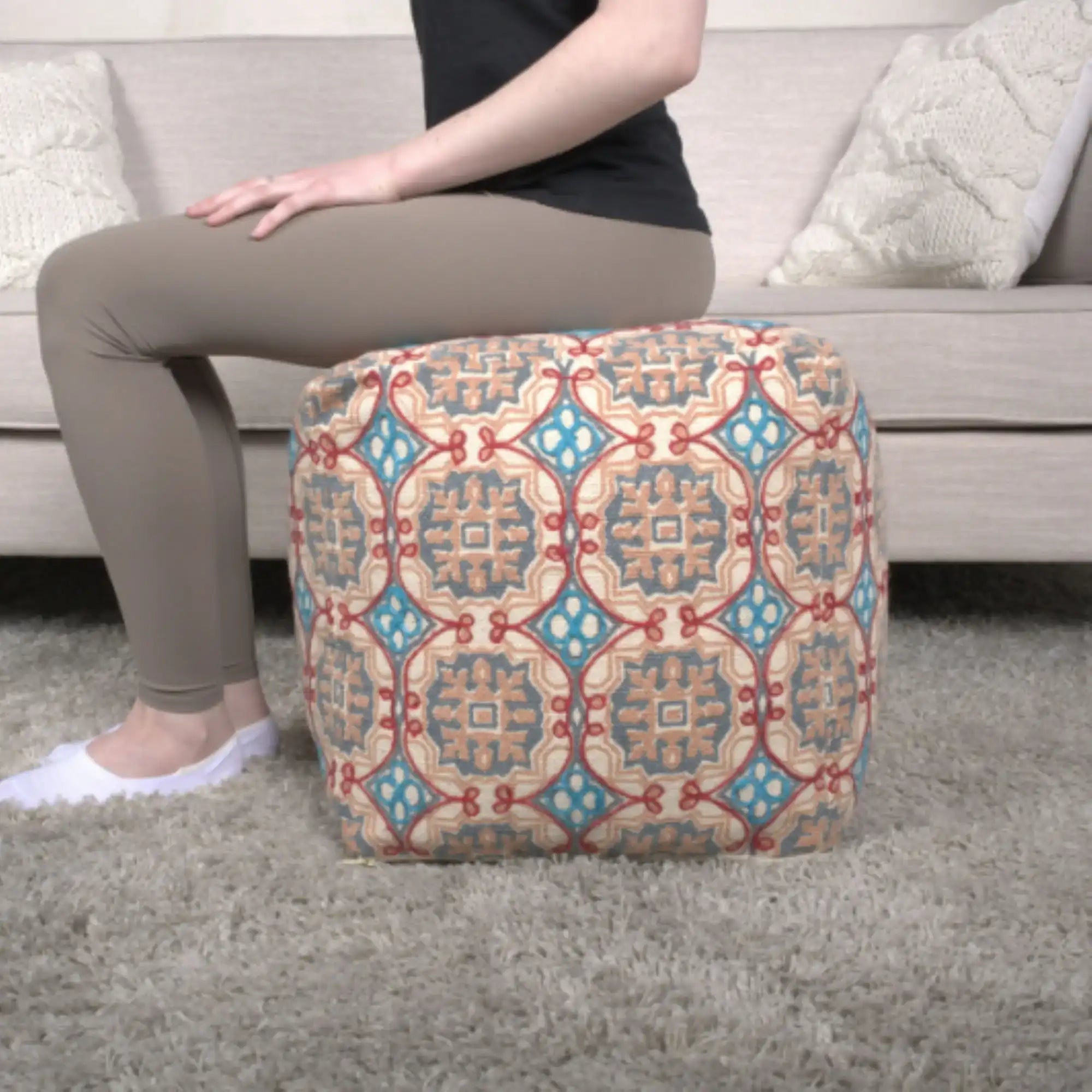 Amelia Handcrafted Fabric Pouf Rustic Elegance Multicolored